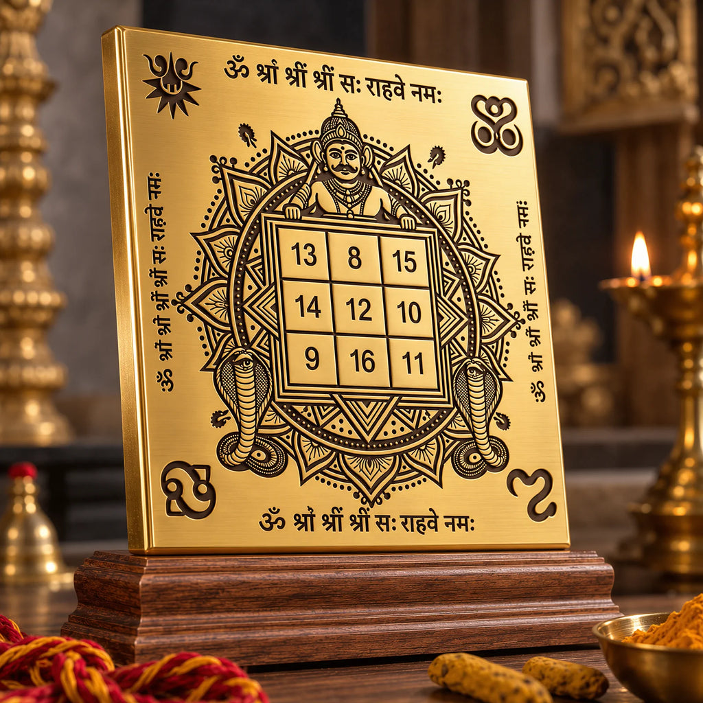 Rahu Yantra by Yogi Adhiraaj — full plate on wooden stand