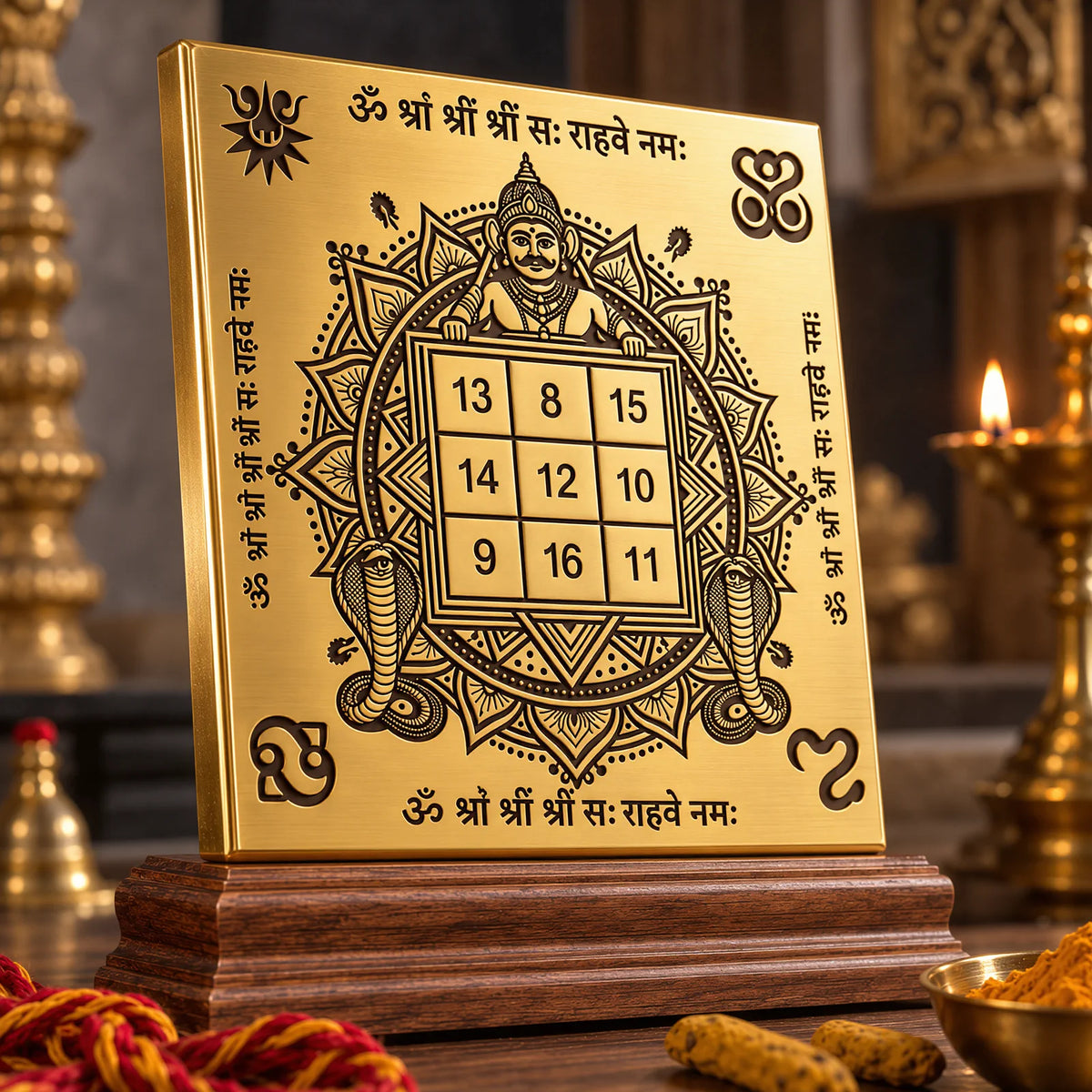 Rahu Yantra by Yogi Adhiraaj — full plate on wooden stand