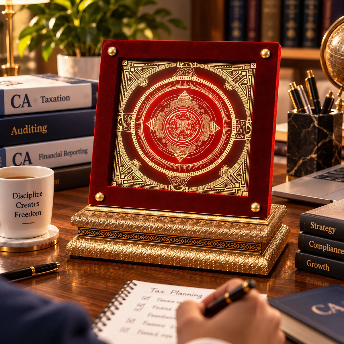 Lalitha Kanak Chakra yantra disc by Yogi Adhiraaj — angled view