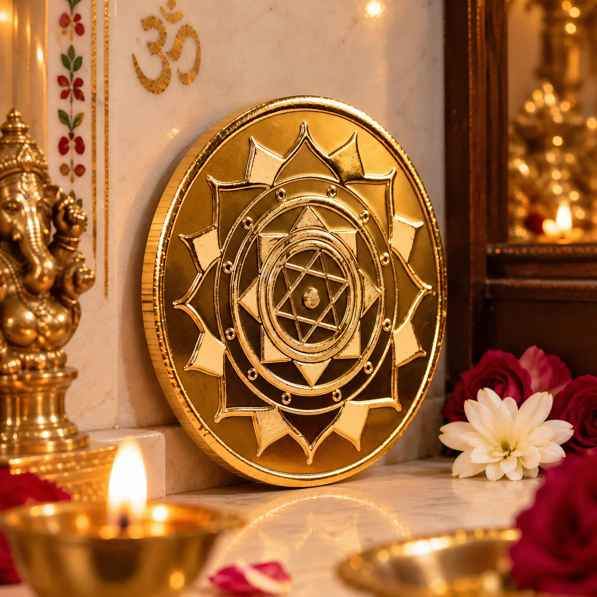 Rajlakshmi Suvarna Yantra, golden wealth yantra by Yogi Adhiraaj — angled view